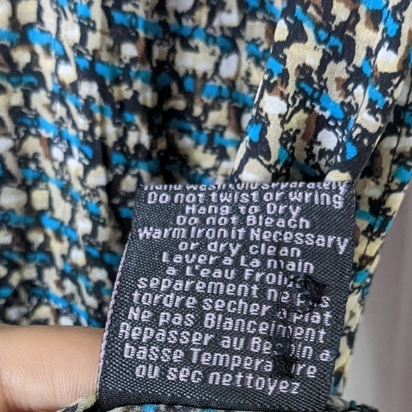 LINE 100% silk abstract print shirt blouse blue brown size Large @T1 - Picture 5 of 10